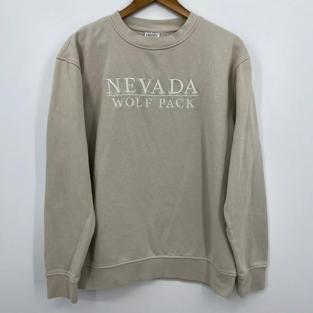 Hanes Nevada Wolf Pack Embroidered Crewneck Sweatshirt Tan Mens Medium